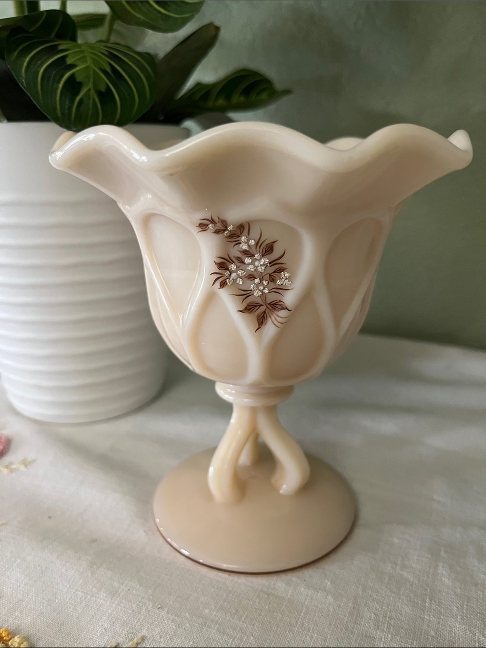 Vintage Westmoreland Almond Slag Glass Compote Hand Painted Floral
